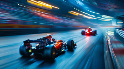 Obraz premium Two race cars are speeding down a track