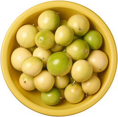 ripe yellow passion fruits in basket isolated white background, round oval tropical fruits delicious and nutritious, taken straight from above