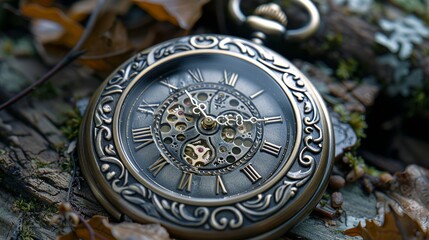 Fototapeta premium Elegant Vintage Pocket Watch Amidst Rustic Autumn Leaves and Moss