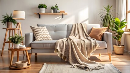 Warm And Inviting Living Room With A Comfortable Couch, Stylish Coffee Table, And Lush Plants.
