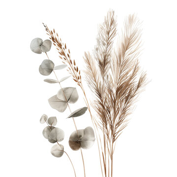 A bouquet of dried pampas grass and eucalyptus branches