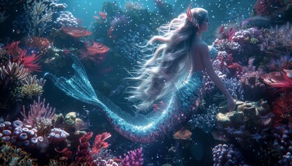Enigmatic Mermaid, Portray a mesmerizing mermaid gracefully swimming amidst coral reefs in the depths of the ocean, her iridescent tail shimmering with every movement