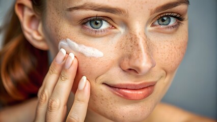 Close-Up Of A Beautiful Young Woman With Freckles Applying A Moisturizer To Her Face.