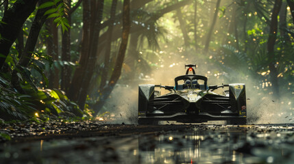 A race car is driving through a jungle with trees and water