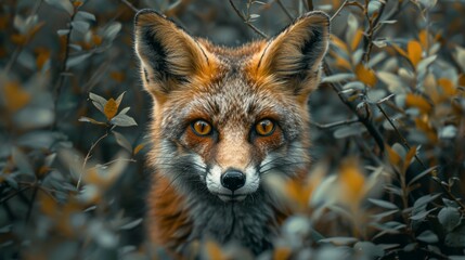 Fototapeta premium Wild Fox with Piercing Eyes in Dense Foliage at Dawn