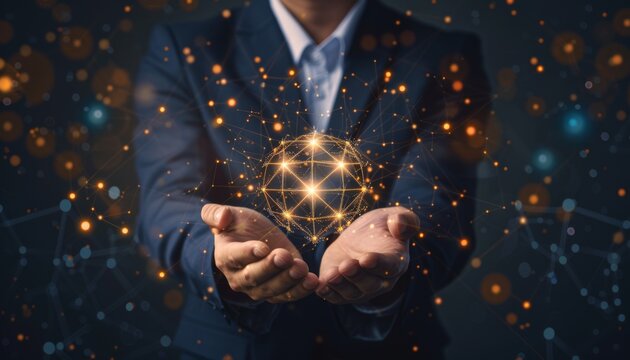 Businessman hand holding algorithm development icons with strong network connections. Fostering the growth of innovation-driven and tech savvy business