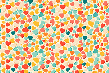 A colorful seamless pattern featuring numerous multicolored hearts in shades of red, orange, teal, and yellow, creating a cheerful and dynamic tile ornament.