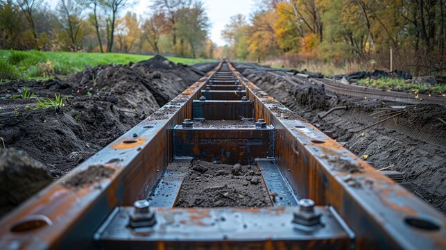 Railway tracks under construction in autumn landscape with vibrant foliage and clear sky