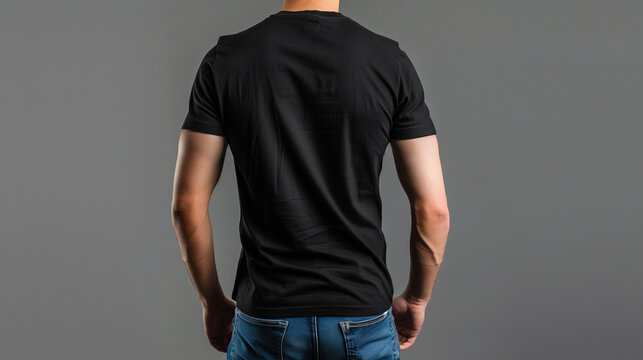 Mockup black T-shirt on a back strong man in blue jeans. on a gray background. Template ready for your design