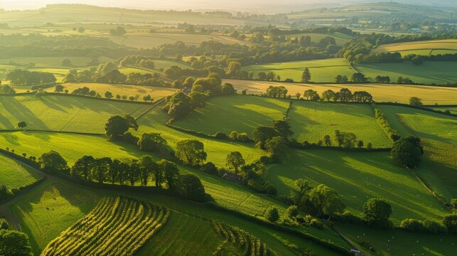 Aerial View of Rolling Green Hills and Farmland at Sunset