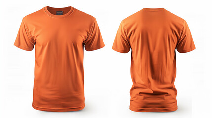 Orange t-shirt mock up, front and back view, isolated. Plain orange shirt mockup. Tshirt design template. Blank tee for print