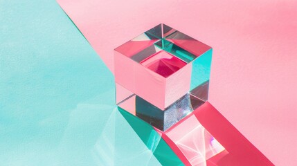 Minimalist flat lay image with optical glass prism on pink and turquoise foam background for back to school concept