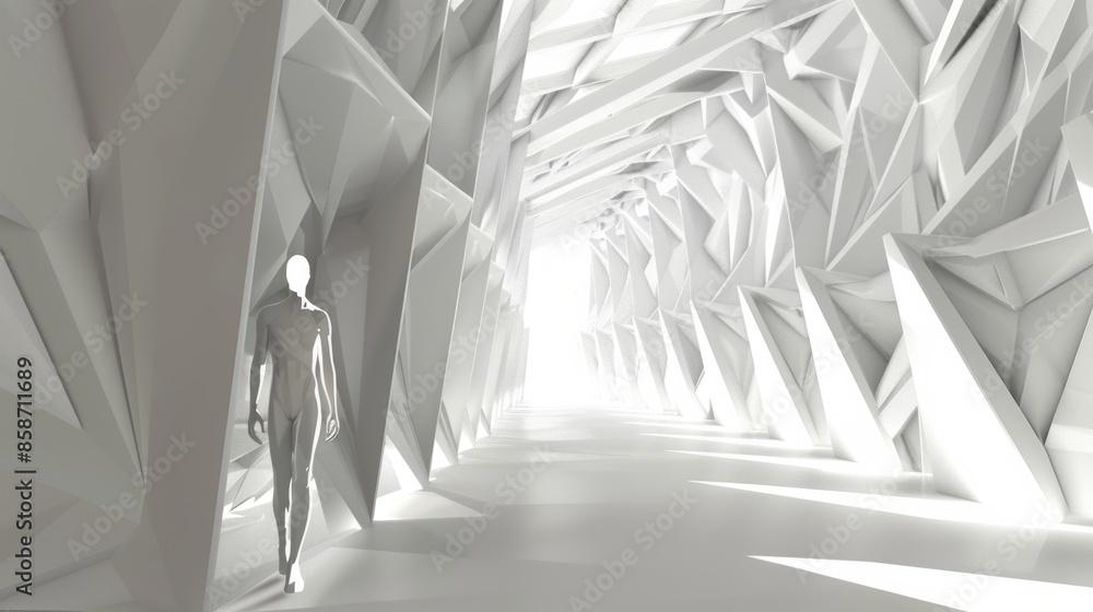 Poster an abstract interpretation of the human form with geometric pillars forming the backbone of the comp