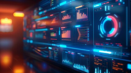 Naklejka premium Futuristic digital dashboard displaying data analytics with vibrant graphs and charts. Perfect for technology, finance, and innovation themes.
