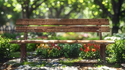 Tranquil Wooden Bench in a Lush Garden with Sunlight