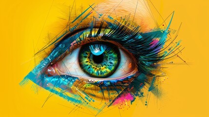 Vivid Abstract Digital Art of a Blue-Green Eye on Yellow Background