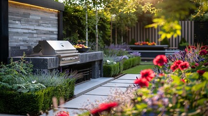 Modern Outdoor Kitchen in a Luxury Garden with Vibrant Flowers and Greenery