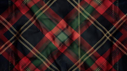 A tartan plaid pattern with intersecting bands of deep red, forest green, and navy blue, inspired by Scottish heritage.