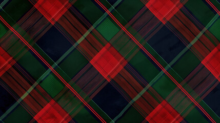 A tartan plaid pattern with intersecting bands of deep red, forest green, and navy blue, inspired by Scottish heritage.