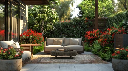 Obraz premium Serene Outdoor Living Space with Lush Greenery and Cozy Furniture