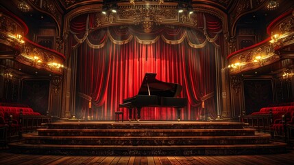 Create a dramatic scene of a grand piano on a theater stage, with red velvet curtains and ornate decorations. Capture the anticipation and drama of a grand performance.