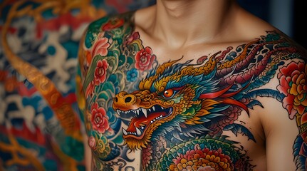 Asian tattoo art closeup of colorful dragon patterns on the body.generative.ai
