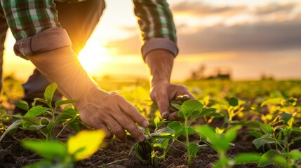 Fototapeta premium Farmer's Hand Examining Soybean Seedlings at Sunset