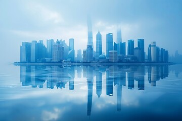 Fototapeta premium Modern city skyline with skyscrappers and reflection created with Generative AI
