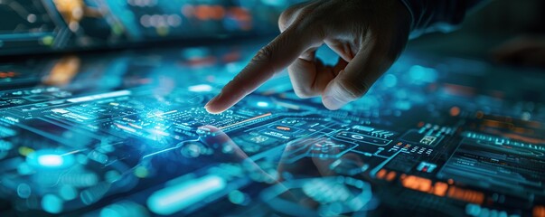 Close up of hand touching digital circuit board with finger 3D rendering