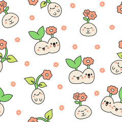 Cute kawaii seed with roots. Seamless pattern. Bean sprout. Cartoon plant gardening characters. Hand drawn style. Vector drawing. Design ornaments.