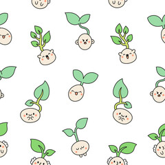 Cute kawaii seed with roots. Seamless pattern. Bean sprout. Cartoon plant gardening characters. Hand drawn style. Vector drawing. Design ornaments.