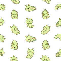 Cute kawaii caterpillar. Seamless pattern. Cartoon little insect characters. Hand drawn style. Vector drawing. Design ornaments.