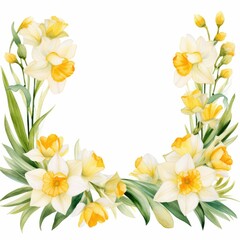 Daffodil border clipart with daffodils along the top and bottom of a design. watercolor illustration, Perfect for nursery art, simple clipart, single object, white color background.