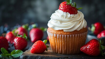 Strawberry Cupcake with Whipped Cream Frosting and Fresh Berries on Wooden Surface Surrounded by Ripe Strawberries and Mint Leaves