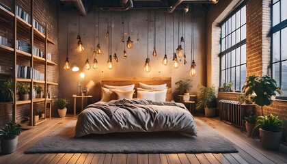  bedroom night atmosphere interior design with Antique style light bulbs on industrial concept...