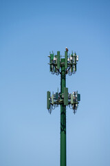 Bald eagle perched on top of a mobility cell site, panel antennas mounted on a monopole tower, wireless communications technology
