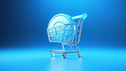 Shopping cart with coin icon on blue background. 3d.