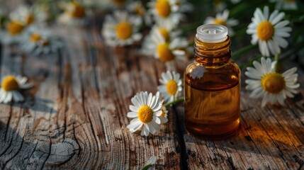 Essential Roman chamomile oil in a small glass bottle on an old wooden background with close up chamomile flowers Aromatherapy and spa ingredients with copy space