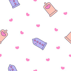 Cute kawaii condoms with faces and emojis. Seamless pattern. Cartoon contraception characters. Hand drawn style. Vector drawing. Design ornaments.