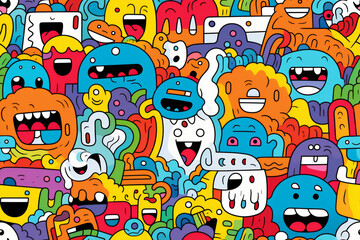 seamless cute doodles pattern art with primary colors, ready for full-print pattern design