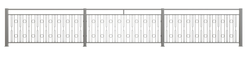 3D illustration showcases a modern balustrade with a mesmerizing wave-like design incorporating circular elements, crafted from polished metal with a round handrail 