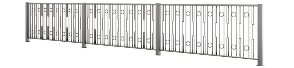 Oceanic Flow: 3D Railing Design. 3D design showcases a captivating modern balustrade with a wave-like, circular pattern in polished metal, featuring a round handrail (transparent background).