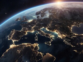 Mesmerizing Night View of Earth from Space: Bright City Lights and Cloud Trails