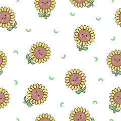 Kawaii cute sunflower. Seamless pattern. Cartoon flower characters with happy smile. Hand drawn style. Vector drawing. Design ornaments.