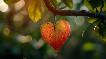 A heart-shaped red apple hanging from a tree branch in an autumn orchard, Ai generate
