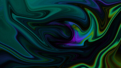 4K abstract dark, holographic, iridescent neon background with a fluid, glassy, curving wave in motion. For banners, backdrops, wallpapers, and covers, use a gradient design element.

