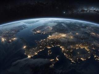 Nighttime Satellite View of Earth: Illuminated Cities and Starry Sky