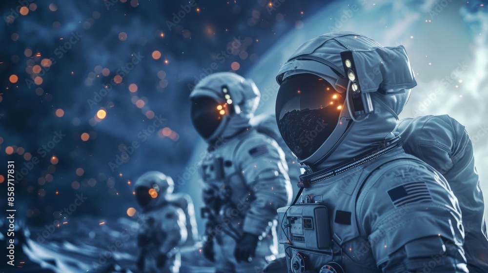 Poster a team of astronauts on a mission to terraform a distant planet using advanced tools and equipment p