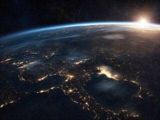 Space Snapshot of Earth at Night: City Lights, Clouds and Starry Backdrop