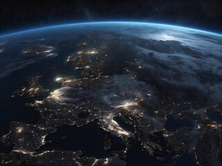 Starry Night Over Earth: Space View Highlighting Glowing Cities and Wispy Clouds
